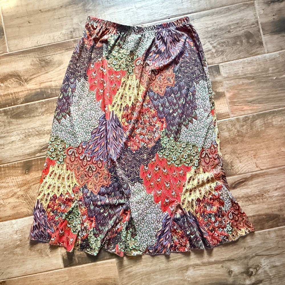 Miss Ashley Women Y2K Whimsigoth Peacock Paisley Ruffle Midi Skirt, Multi, XL